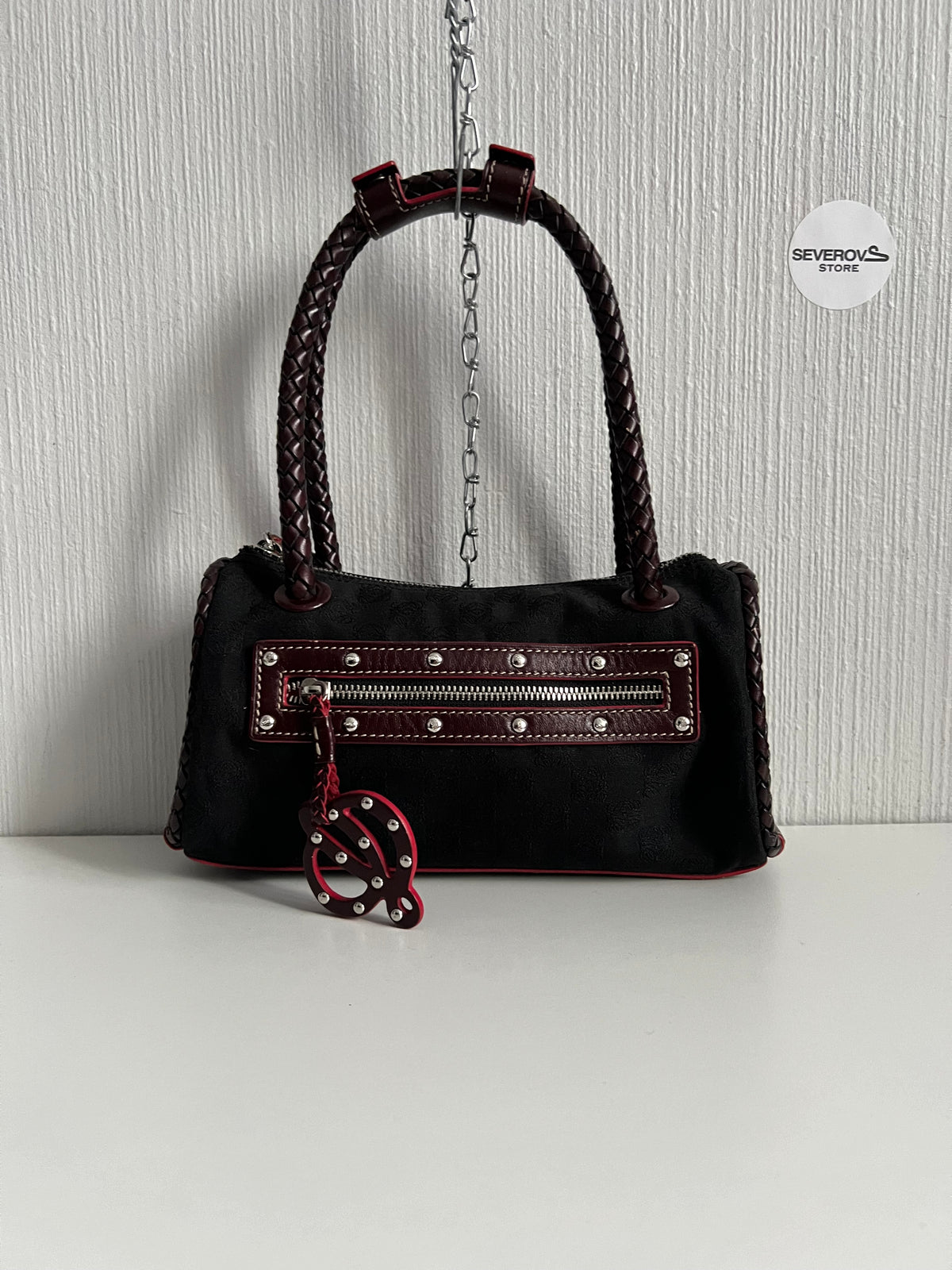 Loewe Black Canvas Anagram Brown Leather Shoulder Bag