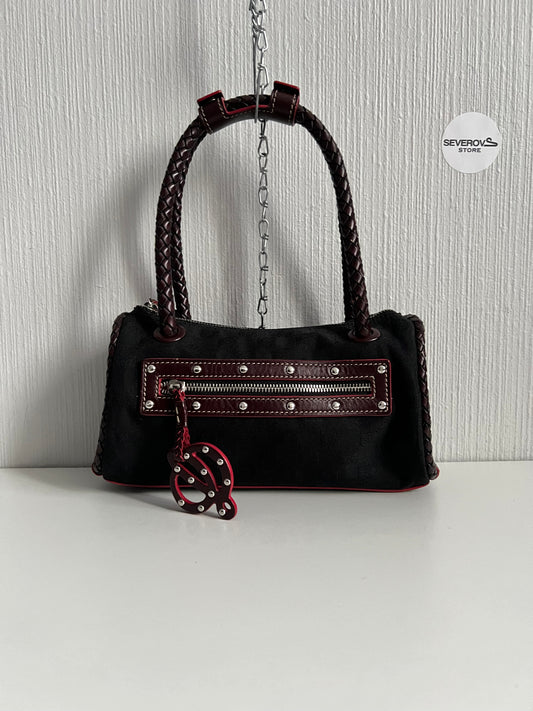 Loewe Black Canvas Anagram Brown Leather Shoulder Bag