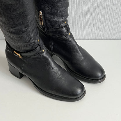 Prada Cervo Logo Knee High Black Leather Riding Boots