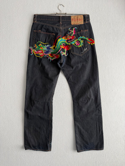 Ed Hardy Dragon Embroidered Blue Denim Jeans