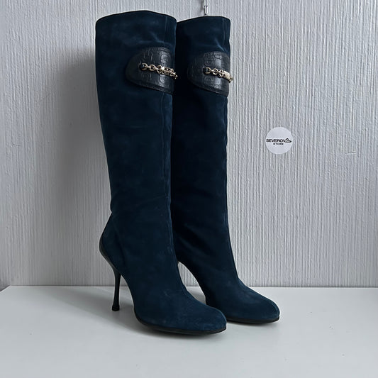 Gucci Blue Suede Chain-Link Accents Heels High Women’s Boots