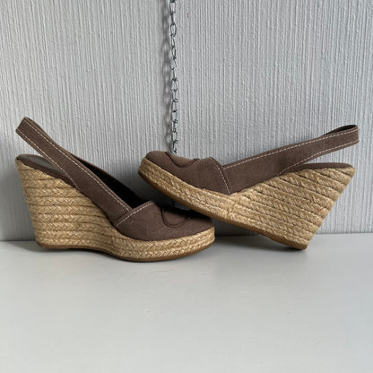 Prada Logo Embroidered Wedge Sandals in Light Brown Colour