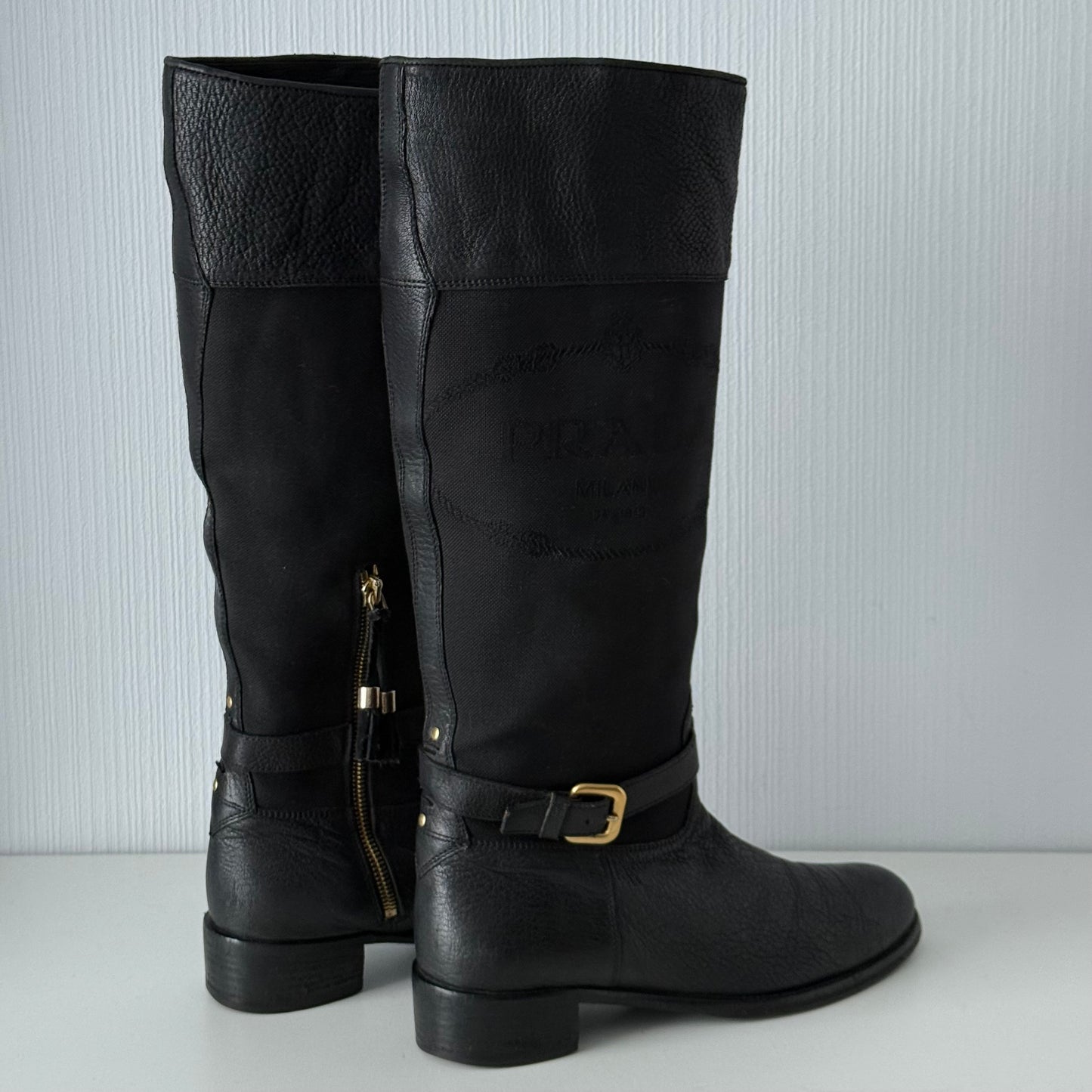 Prada Black Leather Knee High Logo Boots