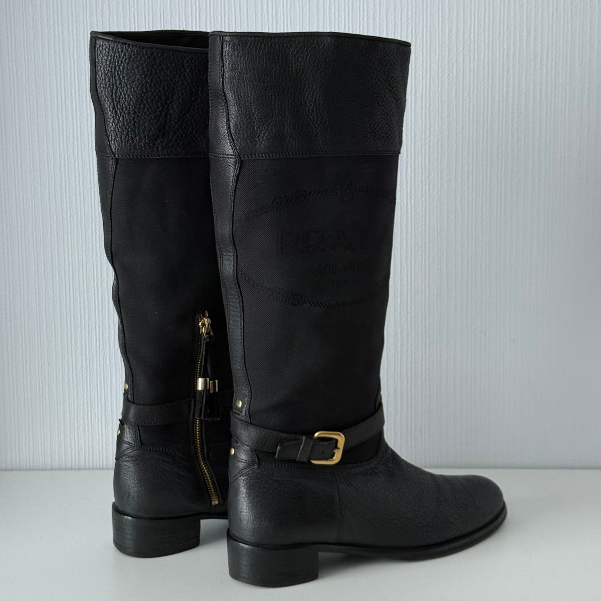 Prada Black Leather Knee High Logo Boots