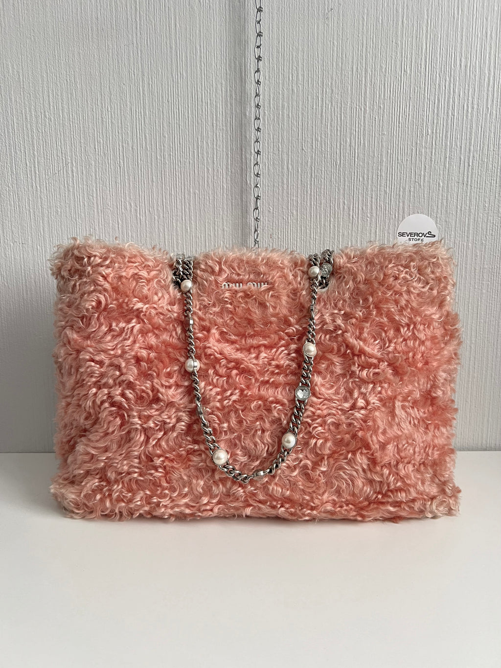 Miu Miu Coral Pink Fur Crystal Tote Bag