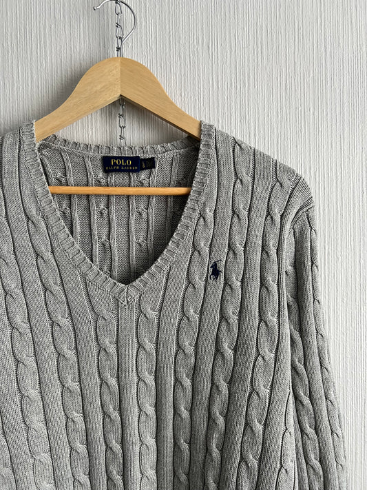 Polo Ralph Lauren Cable Knit V-neck Grey Cotton Sweater