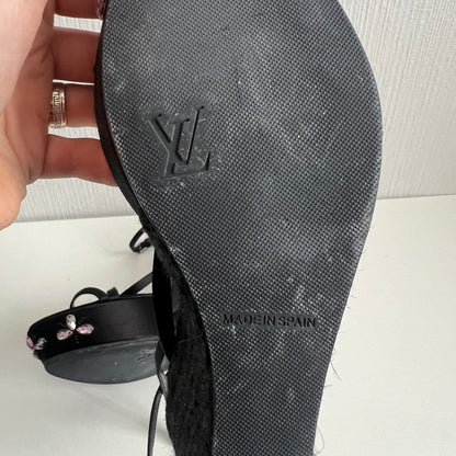 Louis Vuitton Black Satin Crystal Embellished Platform Espadrille Sandals
