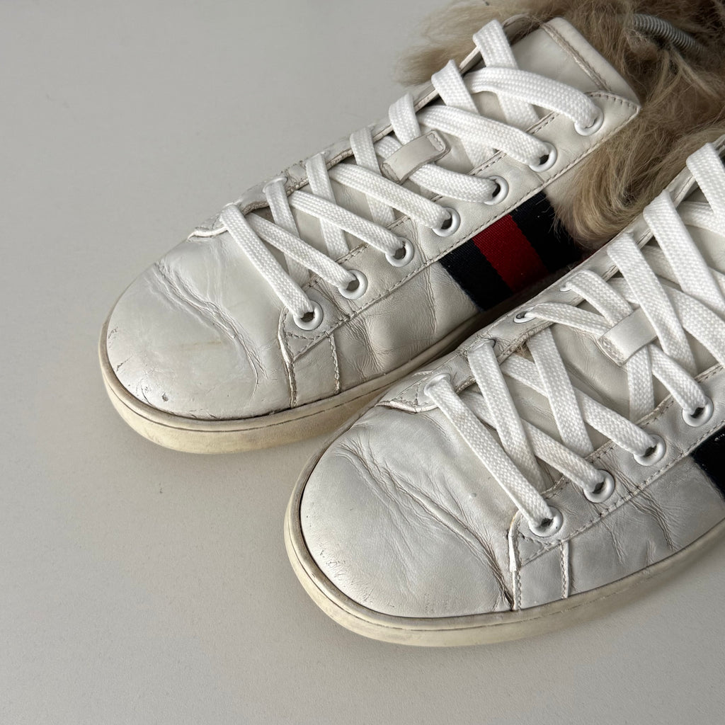 Gucci White Leather Fur Lined Ace Sneakers