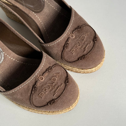 Prada Logo Embroidered Wedge Sandals in Light Brown Colour