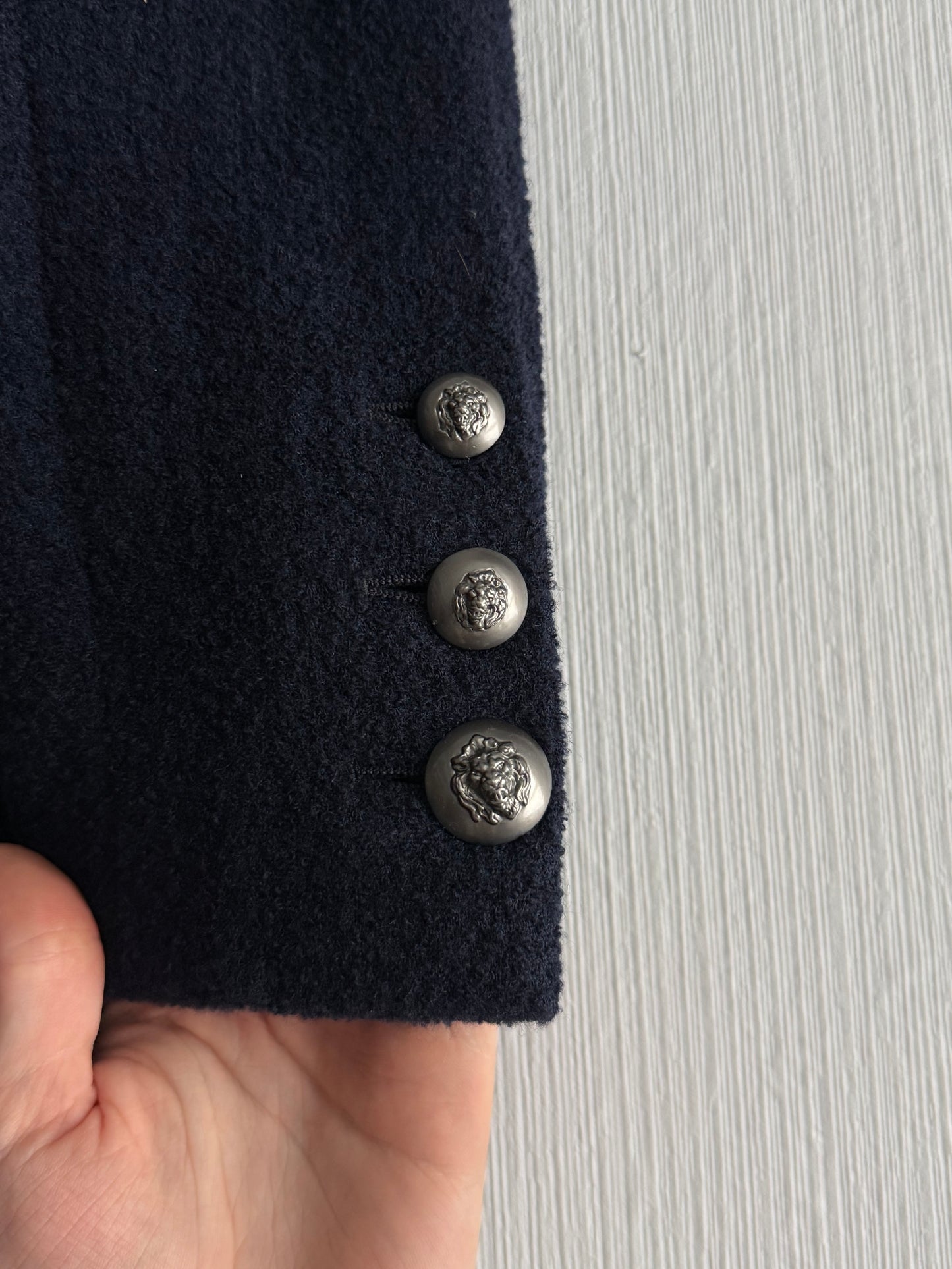 Chanel Wool Nylon Lion COCO Mark Button Jacket Coat Blouson Blazer Navy Blue