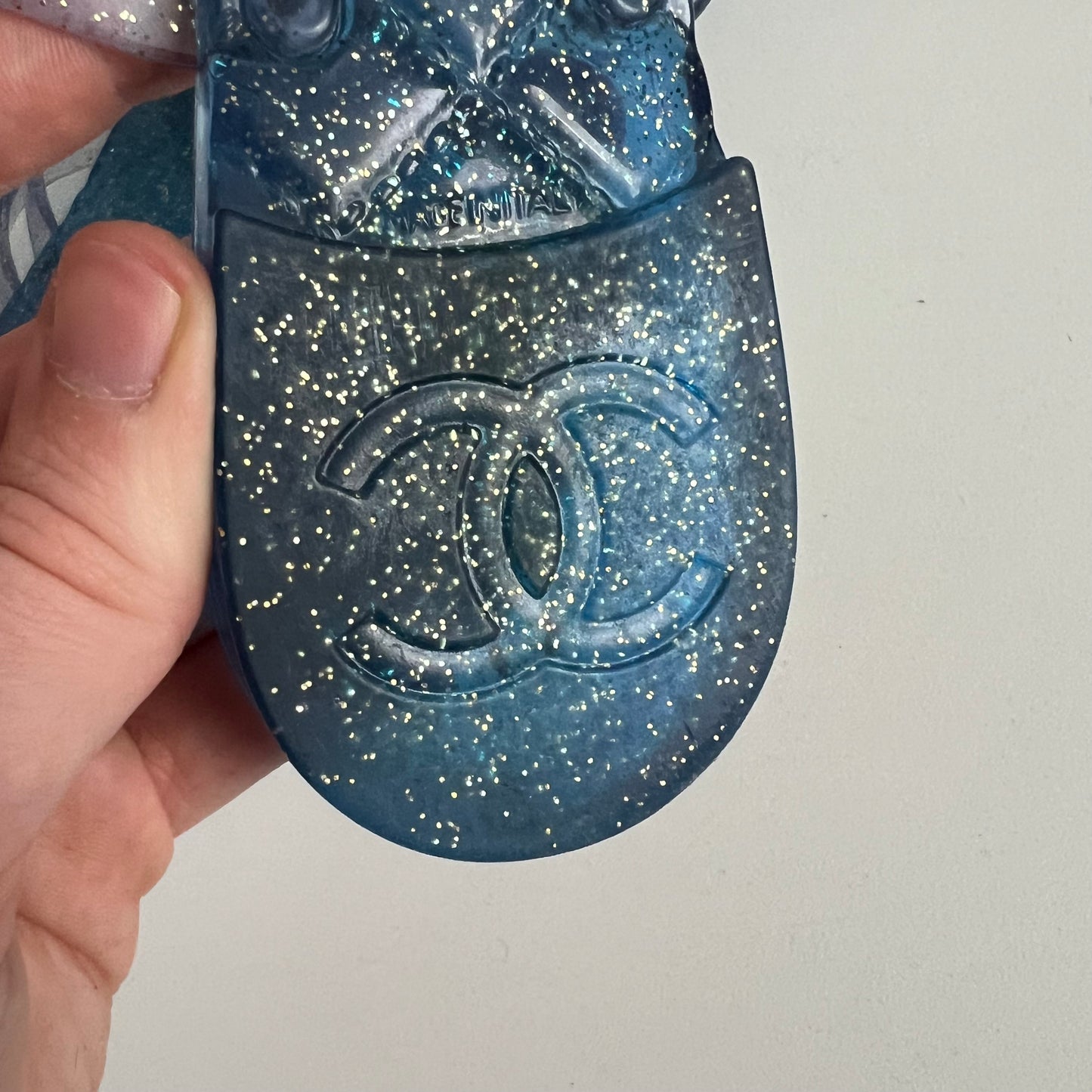 Chanel Blue Glitter Rubber Camelia Sandals