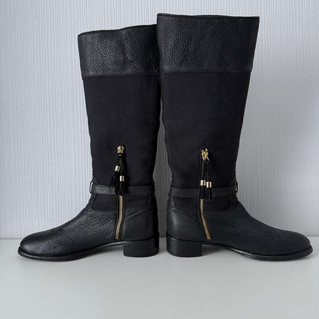 Prada Black Leather Knee High Logo Boots