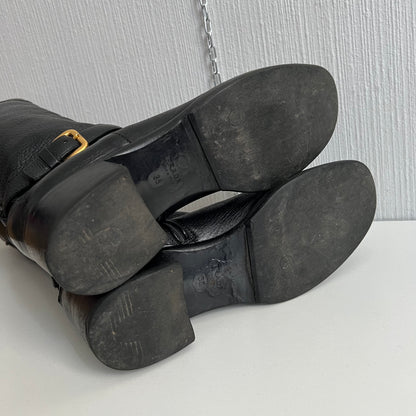 Prada Cervo Logo Knee High Black Leather Riding Boots