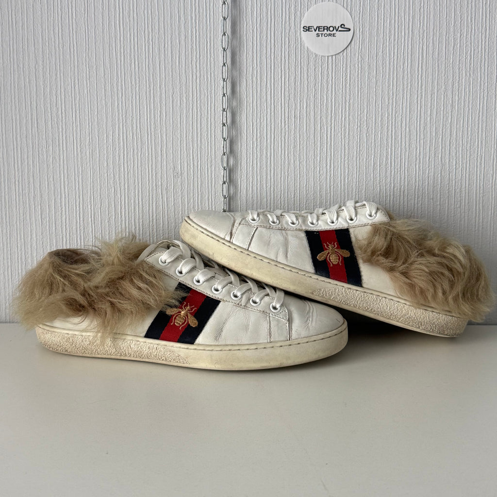Gucci White Leather Fur Lined Ace Sneakers