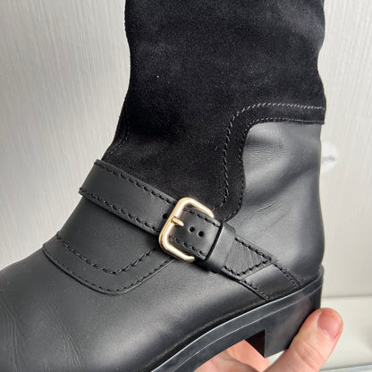 Tod's Black Leather and Suede Fibbie Mid Calf Biker Boots