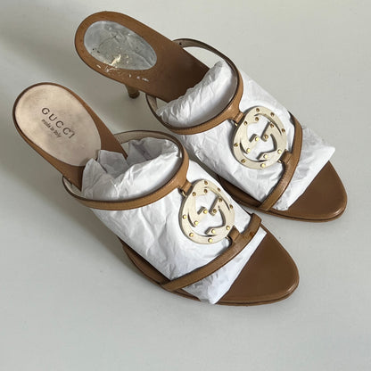Gucci Beige Leather Interlocking G Kitten Heel Slide Sandals