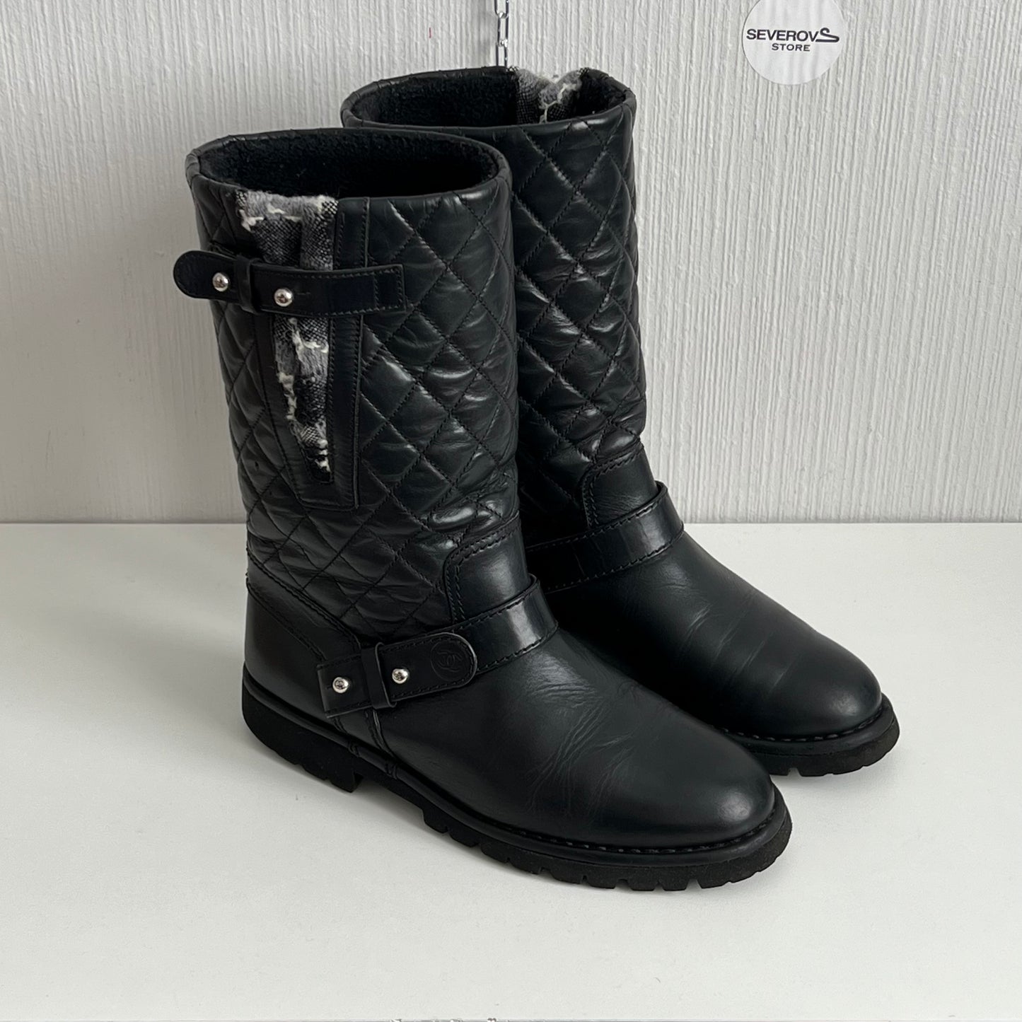 Chanel Quilted Leather & Knit Boots