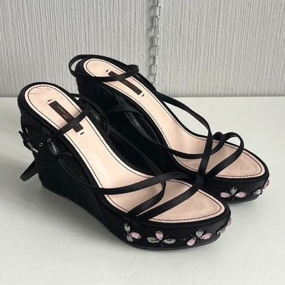 Louis Vuitton Black Satin Crystal Embellished Platform Espadrille Sandals