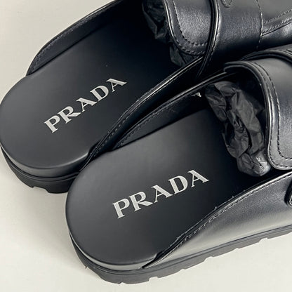 Prada Soft Padded Black Nappa Leather Sabots Mens Slippers