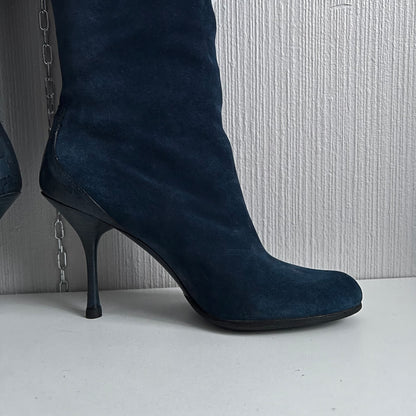 Gucci Blue Suede Chain-Link Accents Heels High Women’s Boots