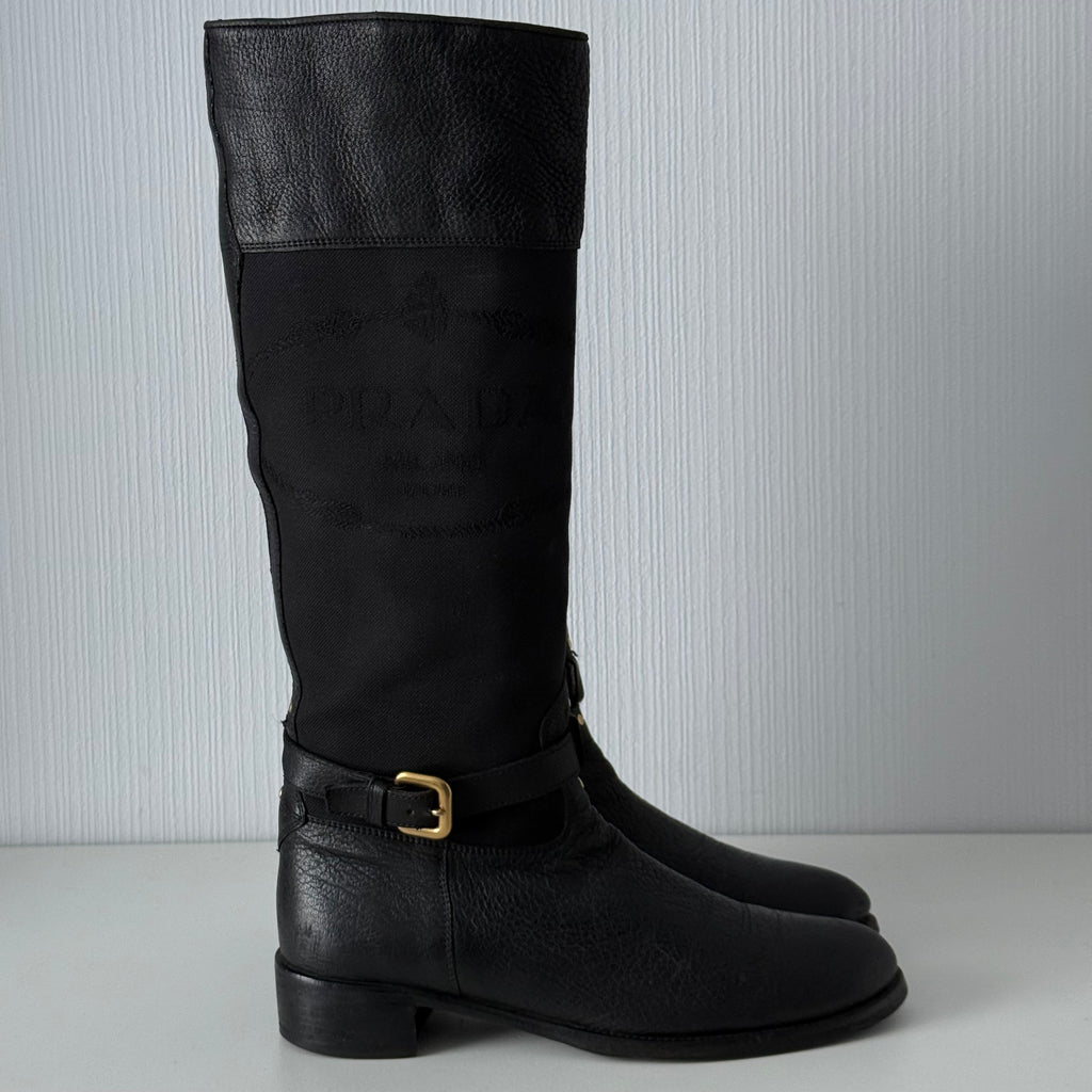 Prada Black Leather Knee High Logo Boots