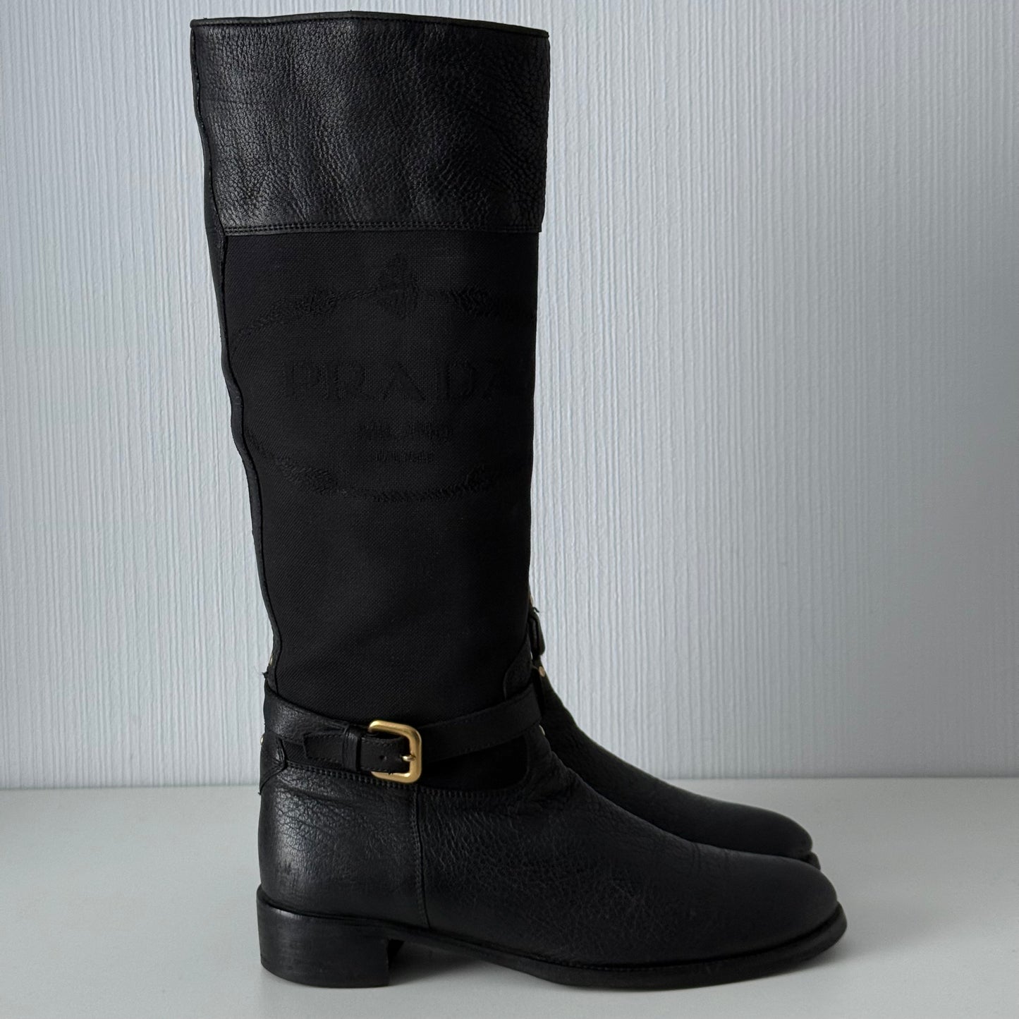 Prada Black Leather Knee High Logo Boots