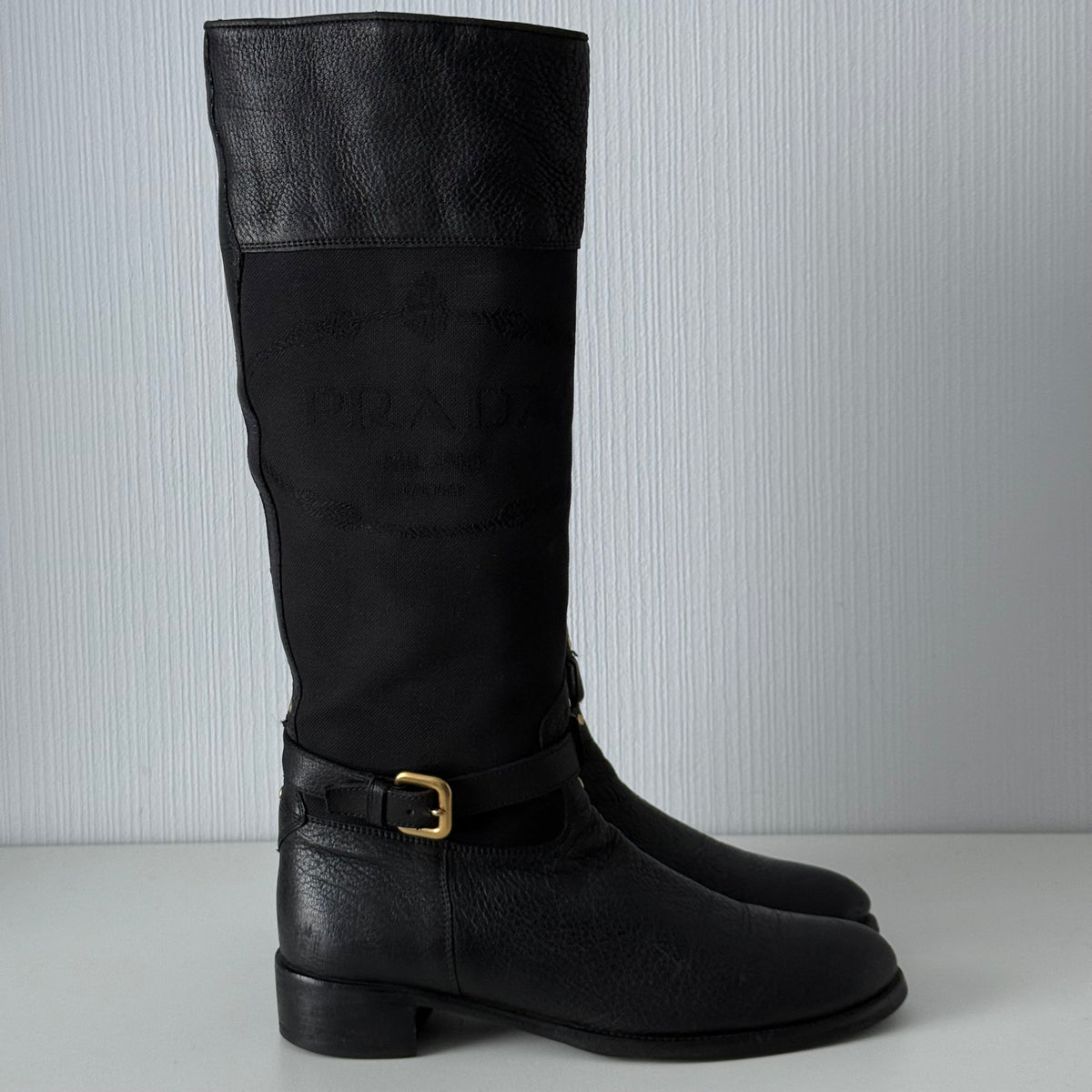 Prada Black Leather Knee High Logo Boots
