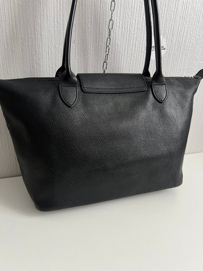 Longchamp Le Pliage Black Leather Tote Bag