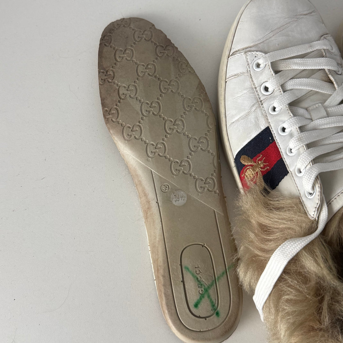 Gucci White Leather Fur Lined Ace Sneakers