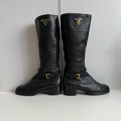 Prada Cervo Logo Knee High Black Leather Riding Boots
