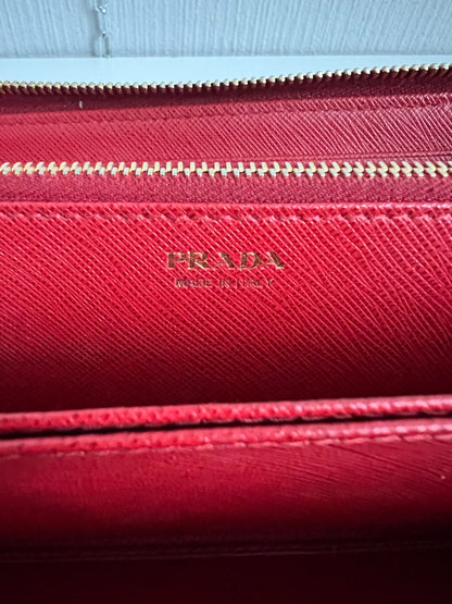 Prada Red Saffiano Leather Zip Around Wallet