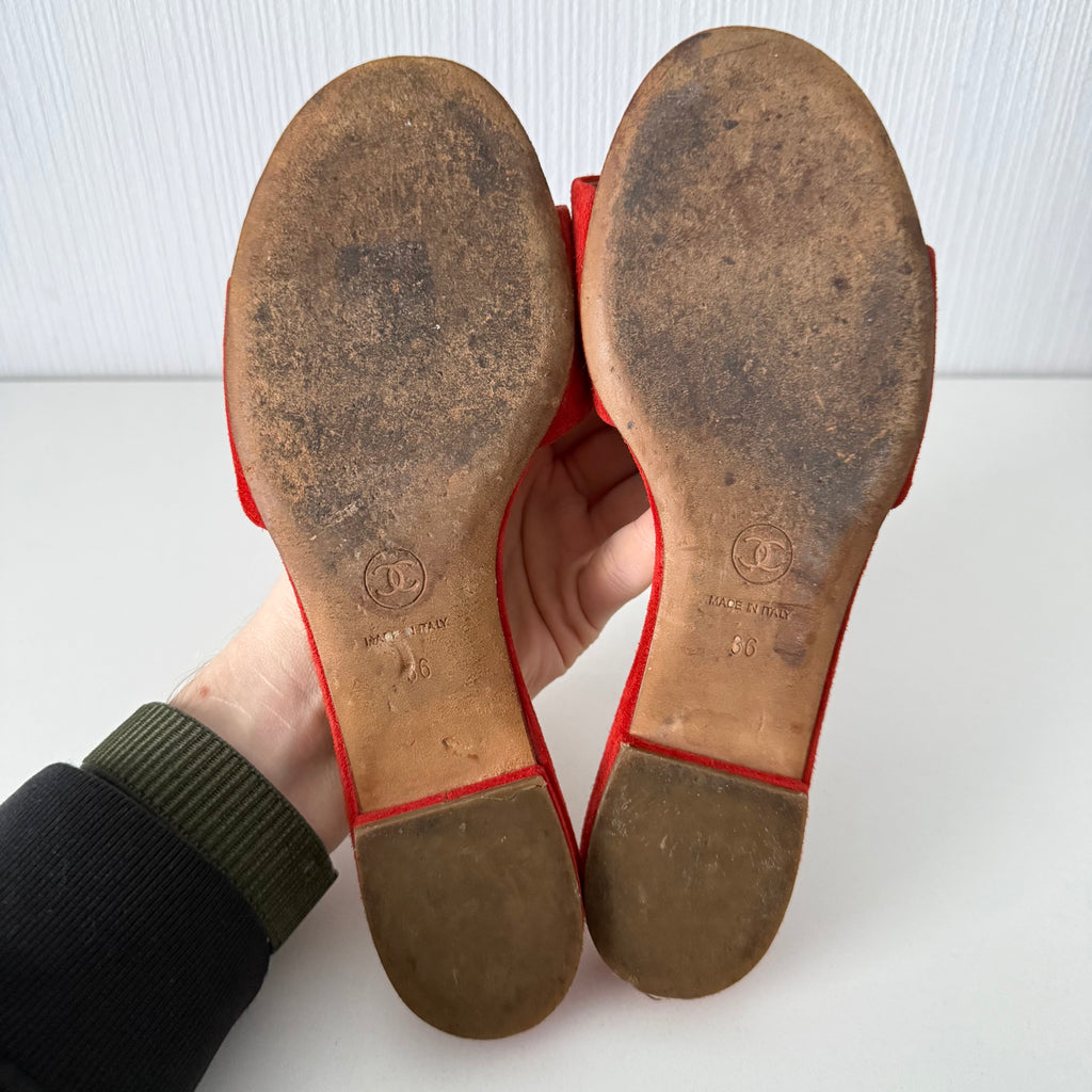 Chanel Leather CC Red Leather Mules Flat Slides