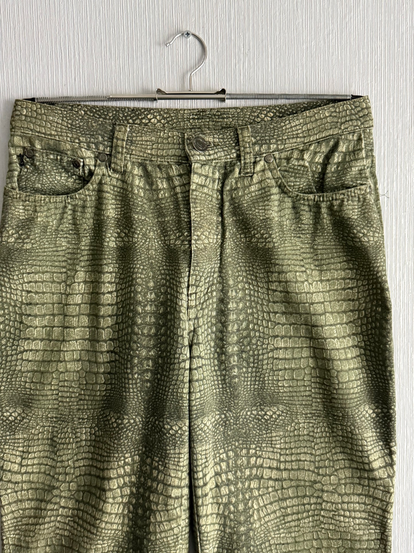 Roberto Cavalli Jeans AW2001 Crocodile Effect Khaki Mens Pants