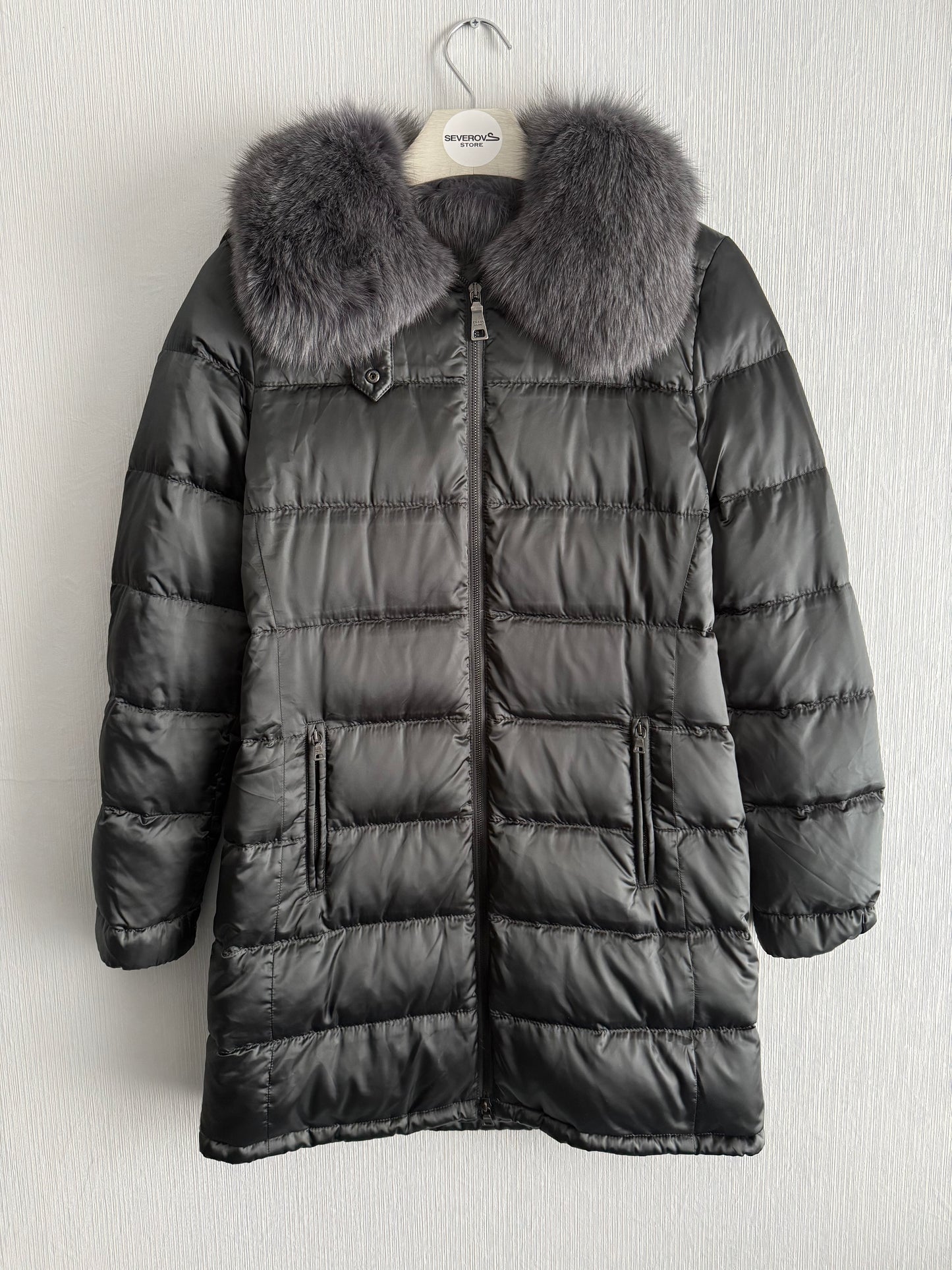 Prada Puffer Down Long Jacket Real Fox Gray Fur Collar
