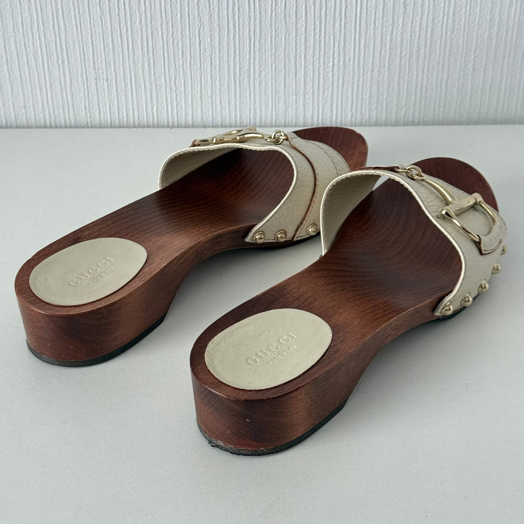 Gucci White Leather Horsebit Wooden Clogs Mules