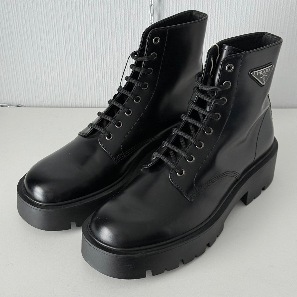 Prada Triangle Logo Brushed Leather Ankle Boots