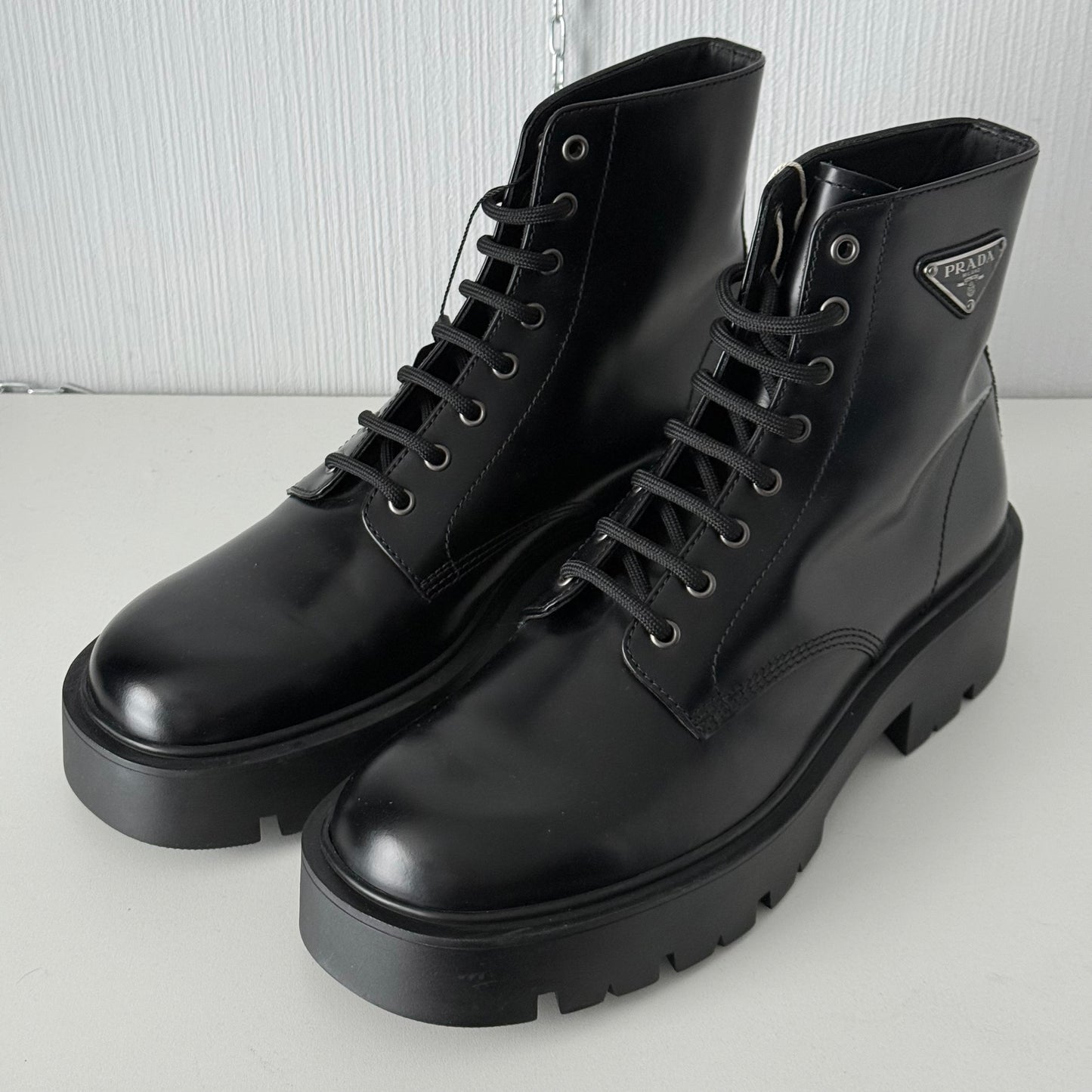 Prada Triangle Logo Brushed Leather Ankle Boots