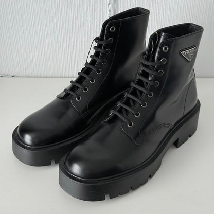 Prada Triangle Logo Brushed Leather Ankle Boots