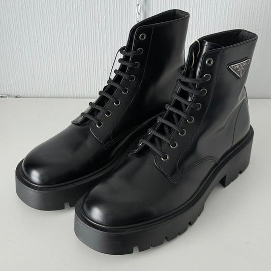 Prada Triangle Logo Brushed Leather Ankle Boots