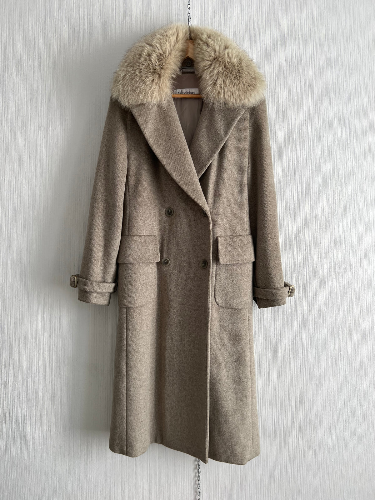 Max Mara Fox Fur Collar Wool Angora Blend Womens Long Coat — product photo