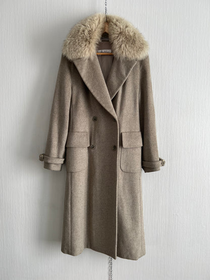 Max Mara Fox Fur Collar Wool Angora Blend Womens Long Coat