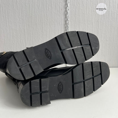 Tod's Black Leather and Suede Fibbie Mid Calf Biker Boots