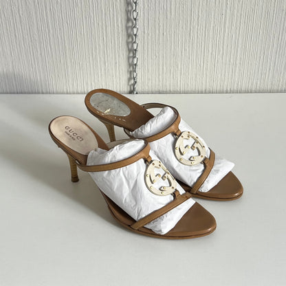 Gucci Beige Leather Interlocking G Kitten Heel Slide Sandals