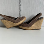 Prada Logo Embroidered Wedge Sandals in Light Brown Colour