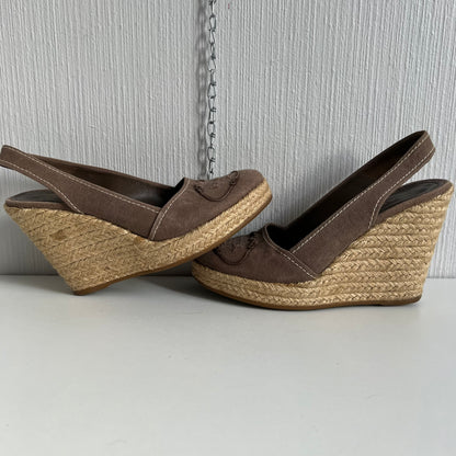 Prada Logo Embroidered Wedge Sandals in Light Brown Colour
