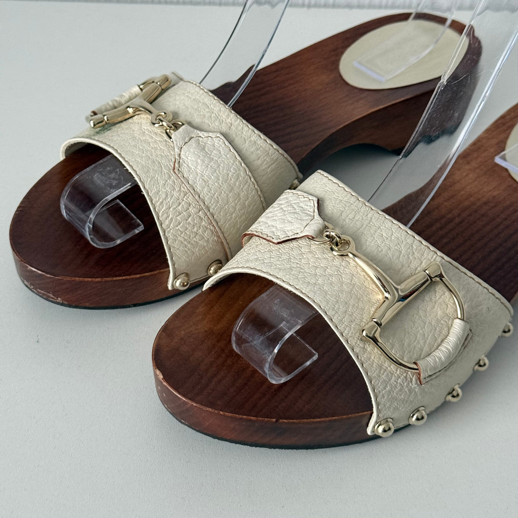 Gucci White Leather Horsebit Wooden Clogs Mules