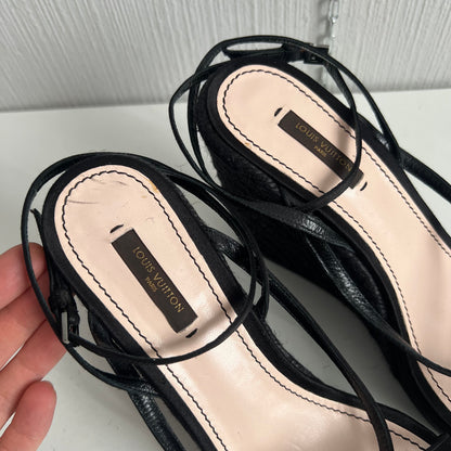 Louis Vuitton Black Satin Crystal Embellished Platform Espadrille Sandals