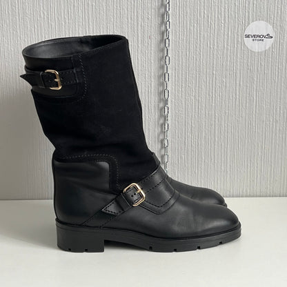 Tod's Black Leather and Suede Fibbie Mid Calf Biker Boots