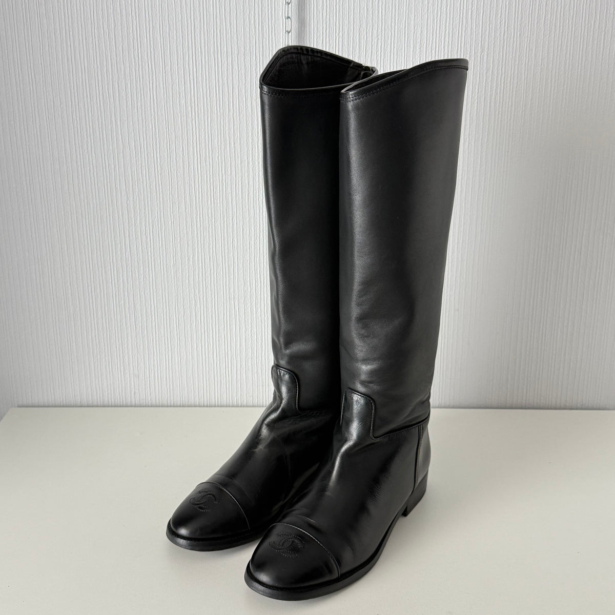 Chanel Black Calfskin Leather Knee-High Riding Boots