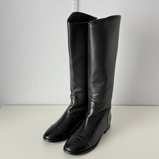 Chanel Black Calfskin Leather Knee-High Riding Boots